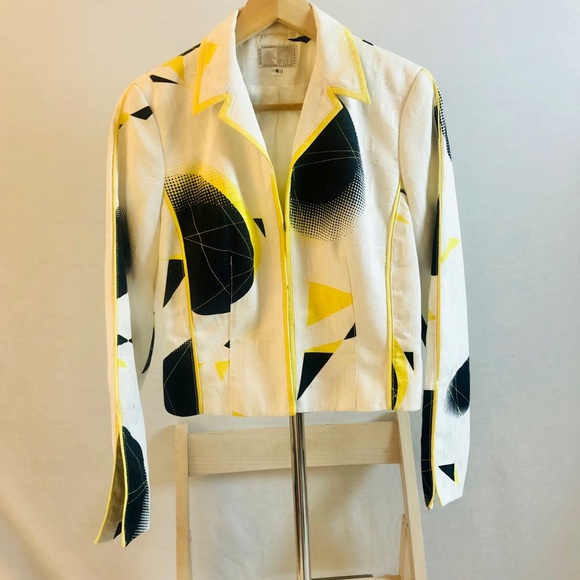 Vintage 90s Alberto Makali Dress and Jacket White Black Yellow Print Size 4 & 6 - Picture 10 of 16